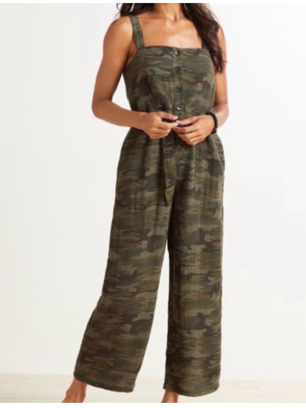 Sanctuary Size S Breezy Cotton Olive Camo Utility Button Front Jumpsuit